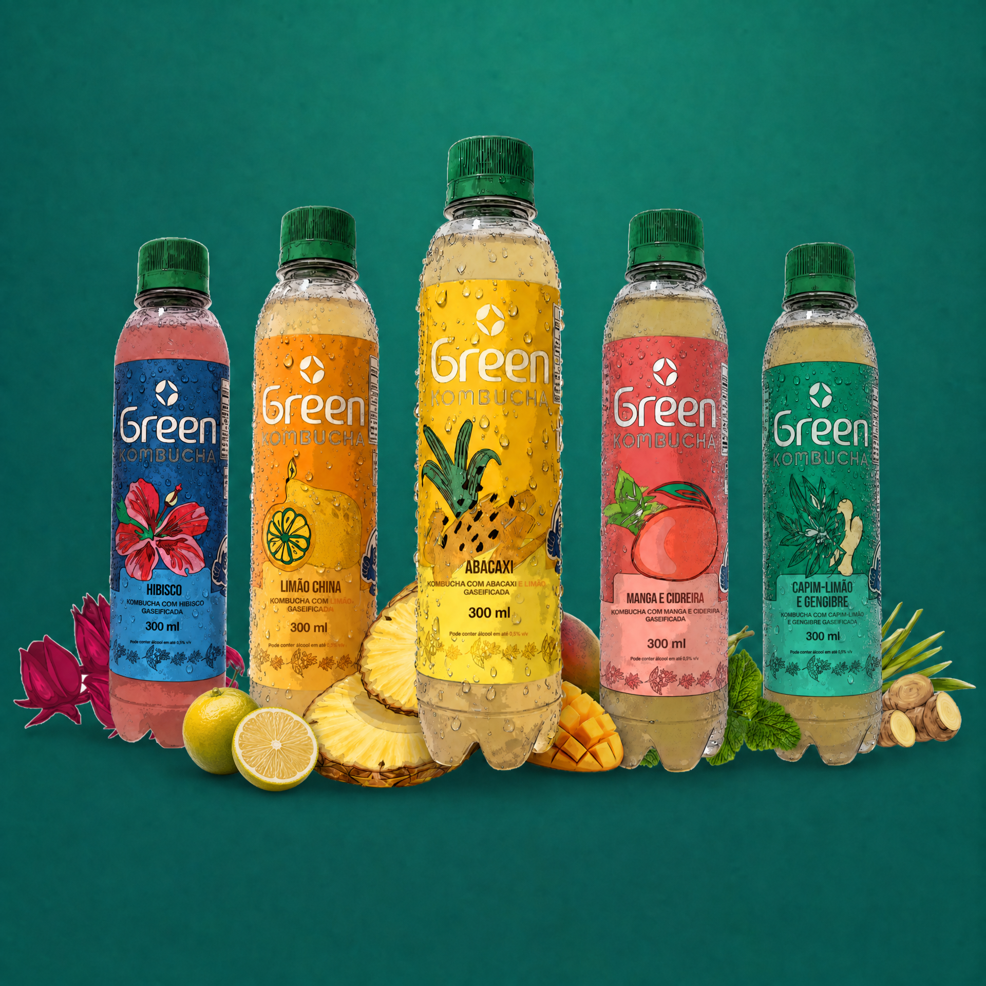 As 5 garrafas de Green Kombucha: Hibisco, Limão China, Abacaxi, Manga e Cidreira, Capim-limão e Gengibre